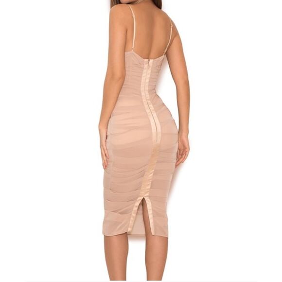 Women's House of CB Railea Nude Taupe Corset Ruched Midi Sheer Chiffon Dress XS - Picture 3 of 6